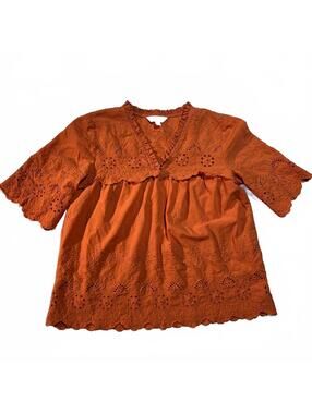 Adiva Women's Rust Orange Eyelet Embroidered Top Size Small Ruffled Boho Peplum